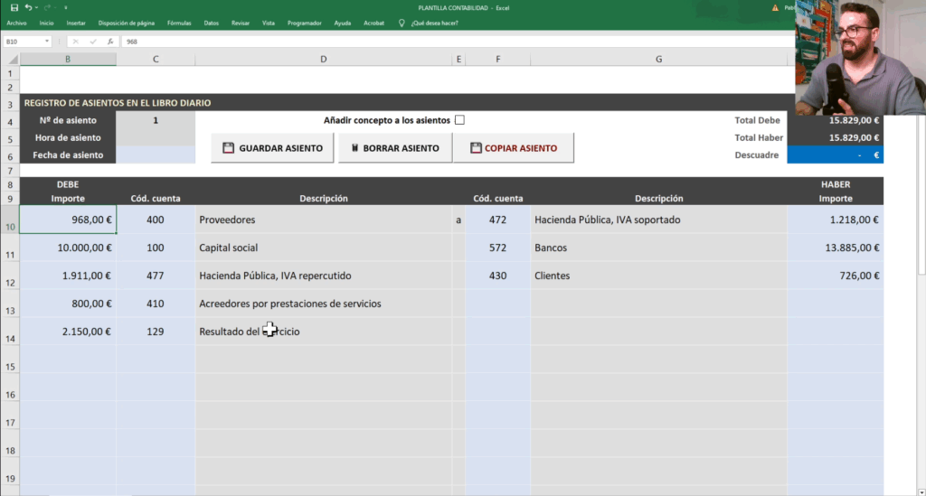 Clase de contabilidad online con ejemplos prácticos en Excel. Profesor particular explicando cómo hacer asientos contables paso a paso.